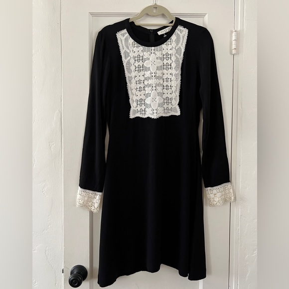Sandro Paris Seira Long Sleeve Black White Lace Crochet A-line round neck Dress - Picture 1 of 14
